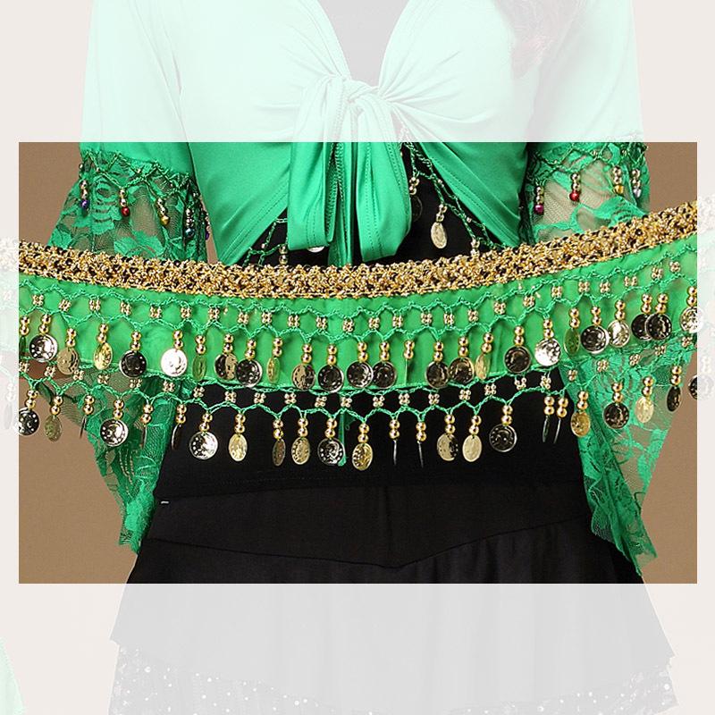 Gold-Edged Indian Dance Hip Scarf with Hanging Coins for Belly and Square Dance Performances