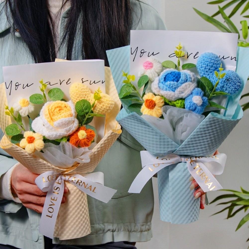 New Handmade Crochet Flower Bouquet Bag Eternal Handmade Crochet Flowers Unique Heart-Shaped Bouquet Birthday