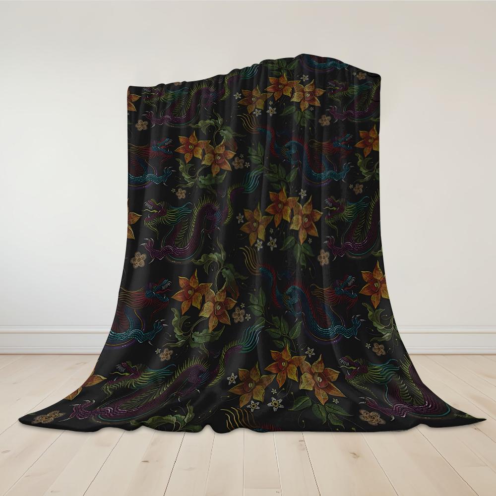 Dragon Bloom Flannel Blanket Warm Soft Halloween Christmas Couch Warm Cozy Decorative Decor Gift for All Season