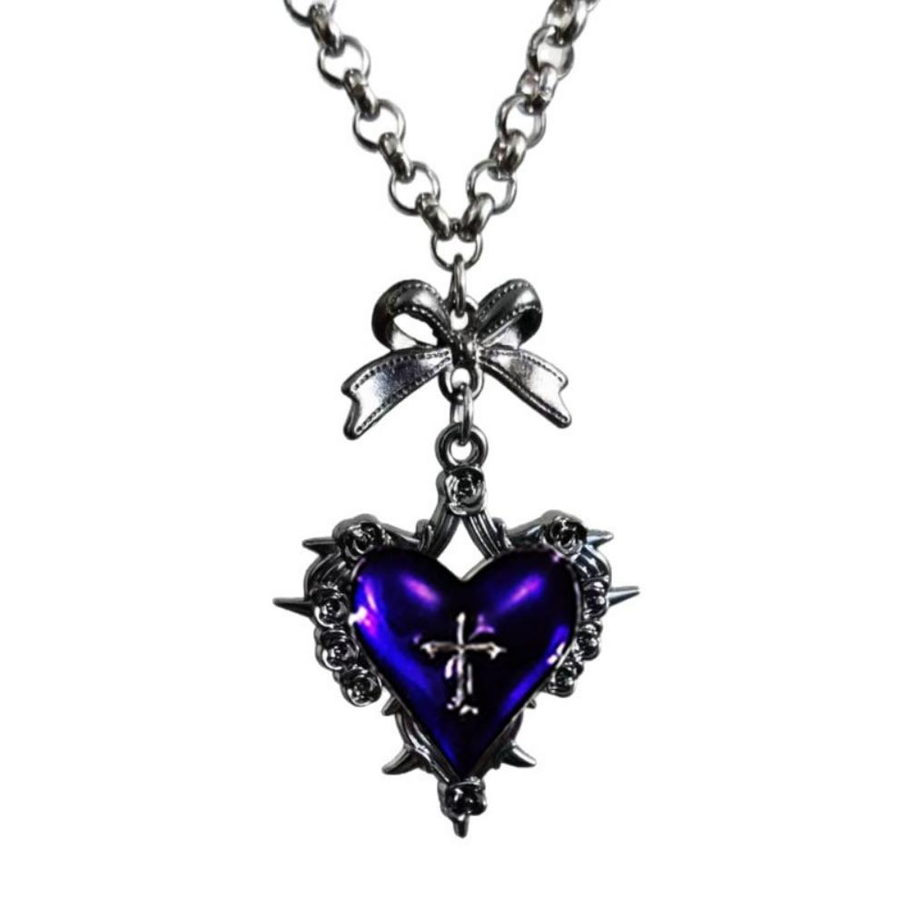 Geometric Thorn Cross Heart Pendant Necklace for Women Retro Sweet Bowknot Clavicle Chain Gothic Punk Jewelry Gift