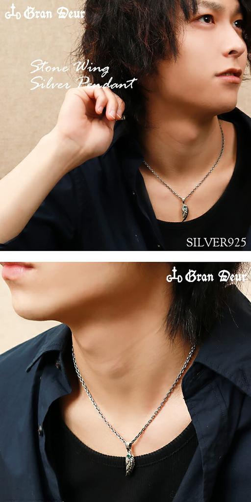 Emerald Wing Small Silver 925 Necklace Natural Stone [Grandeur] (with Chain) Men's