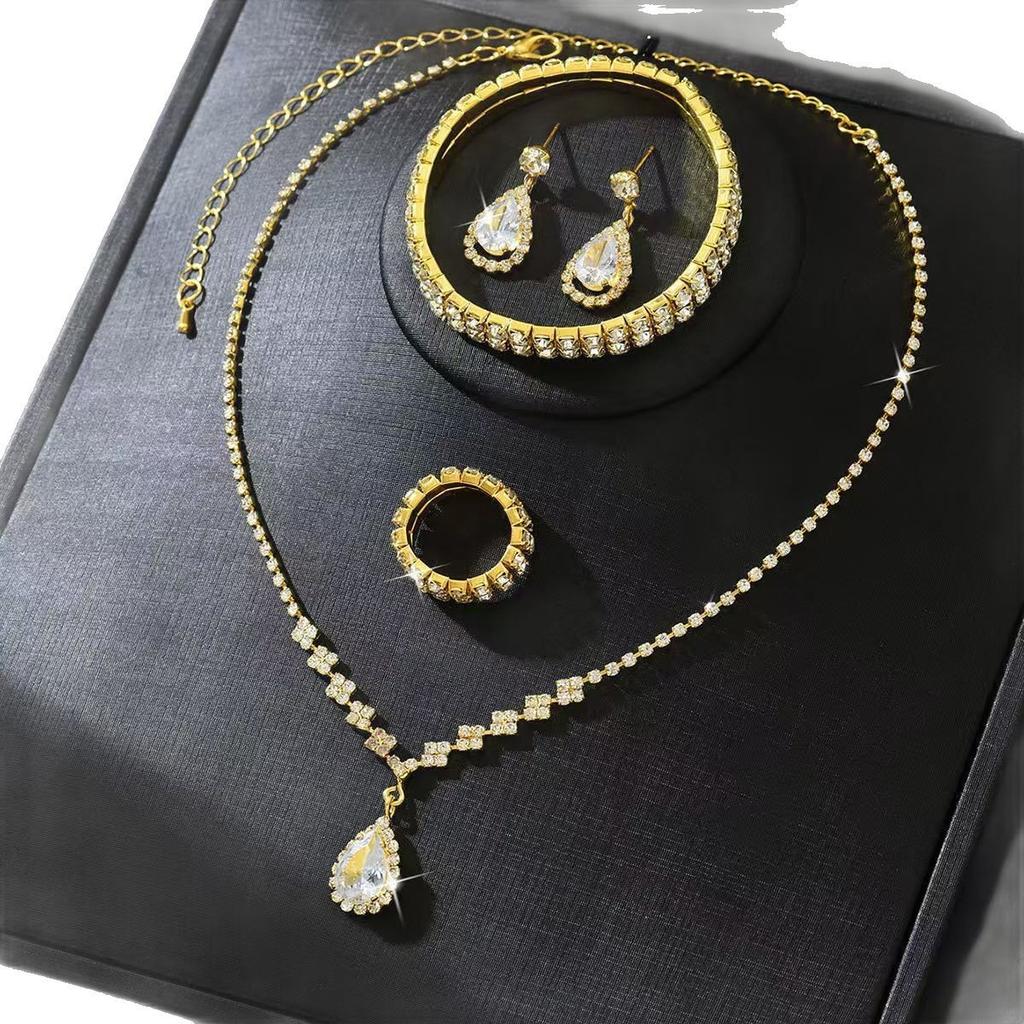 Full Rhinestone Drop Pendant Necklace and Earrings Set 4 - Piece Lightweight Alloy Jewelry for Daily Wear Party Gift