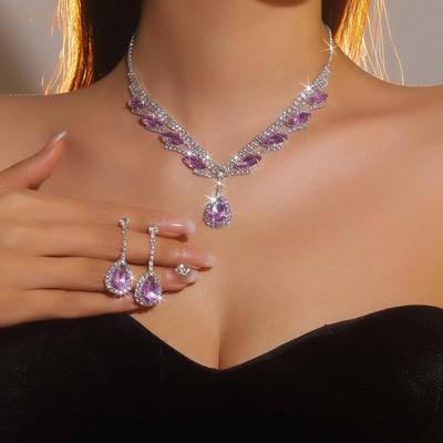 Lüks Parıldayan Kristal Süper Güzel Kolye Küpe Seti Gelin Takısı Ametist Su Damlası Kolye Küpe İki Set