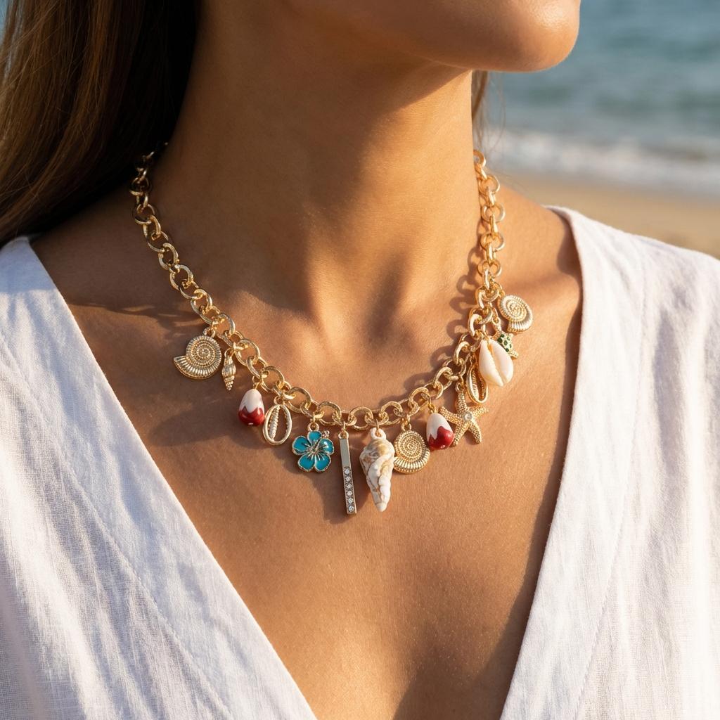 Kadınlar için Bohem Deniz Yıldızı Kabuk Salyangoz Kaplumbağa Kolye Ucu Punk Kalın Zincir Çiçek Choker Charm Yaz Tatili Takıları