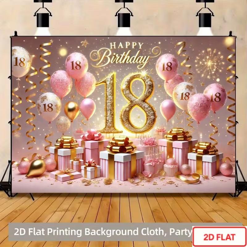 2D Sparkle Pink Gold 18th Happy Birthday Photography Backdrop with Balloons