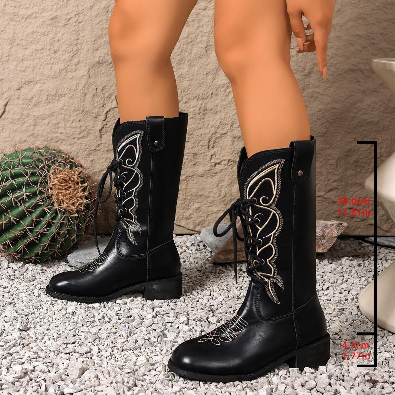 Women's Retro Embroidered Mid-Calf Western Boots, Chunky Heel Lace-Up Riding Boots, British Style Fall Winter Shoes