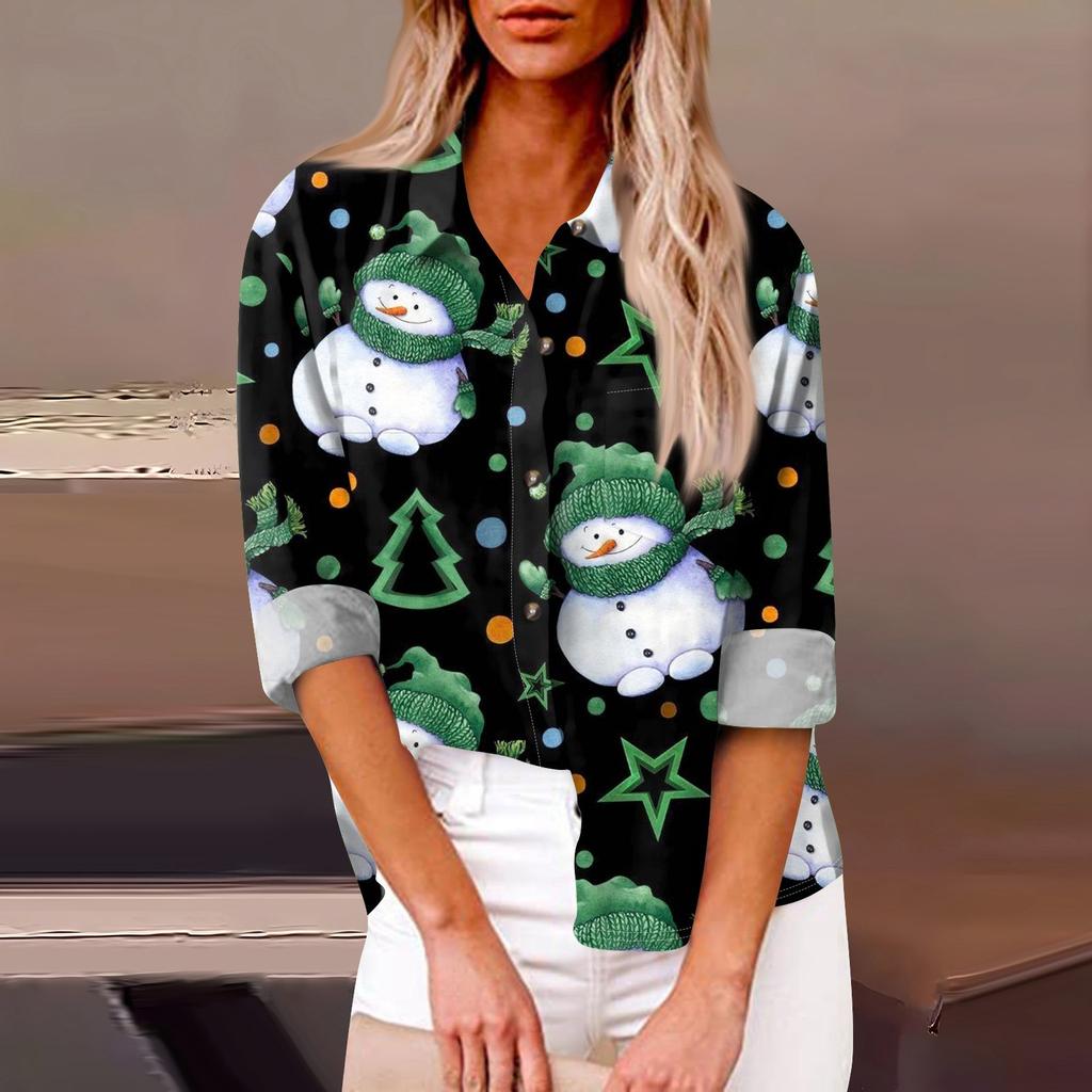 Women's Loose Casual Long-sleeved Christmas Print Shirt Print And Pocket Cardigan