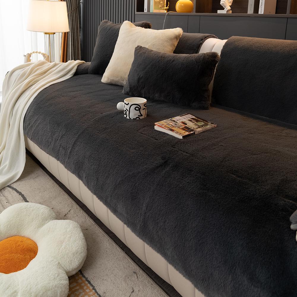 Winter Sofa Cover Rabbit Fur Soft Sensation Padded Plush Sofa Cushion Non-Slip Furniture Protector Suitable for 1-4 People