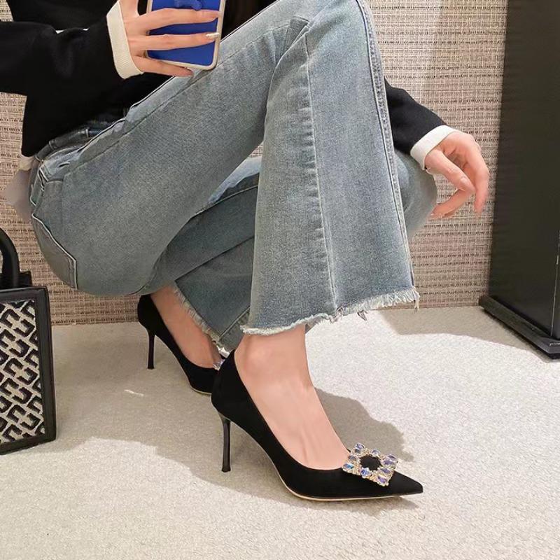 Spring and summer rhinestone square buckle high heels women's thin heels pointed niche temperament wedding shoes design sense single shoes