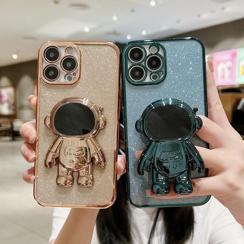 Husă de lux galvanizată pentru astronaut pentru iPhone 11 12 13 14 15 Pro Max XS X XR 7 8 Plus SE 22 Mini husă cu suport cu sclipici