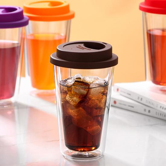 350 ML dobbeltvegget glass med silikonlokk isolert tumbler Reise varm kald drikke te melk høy borosilikatglass kopp kaffekrus
