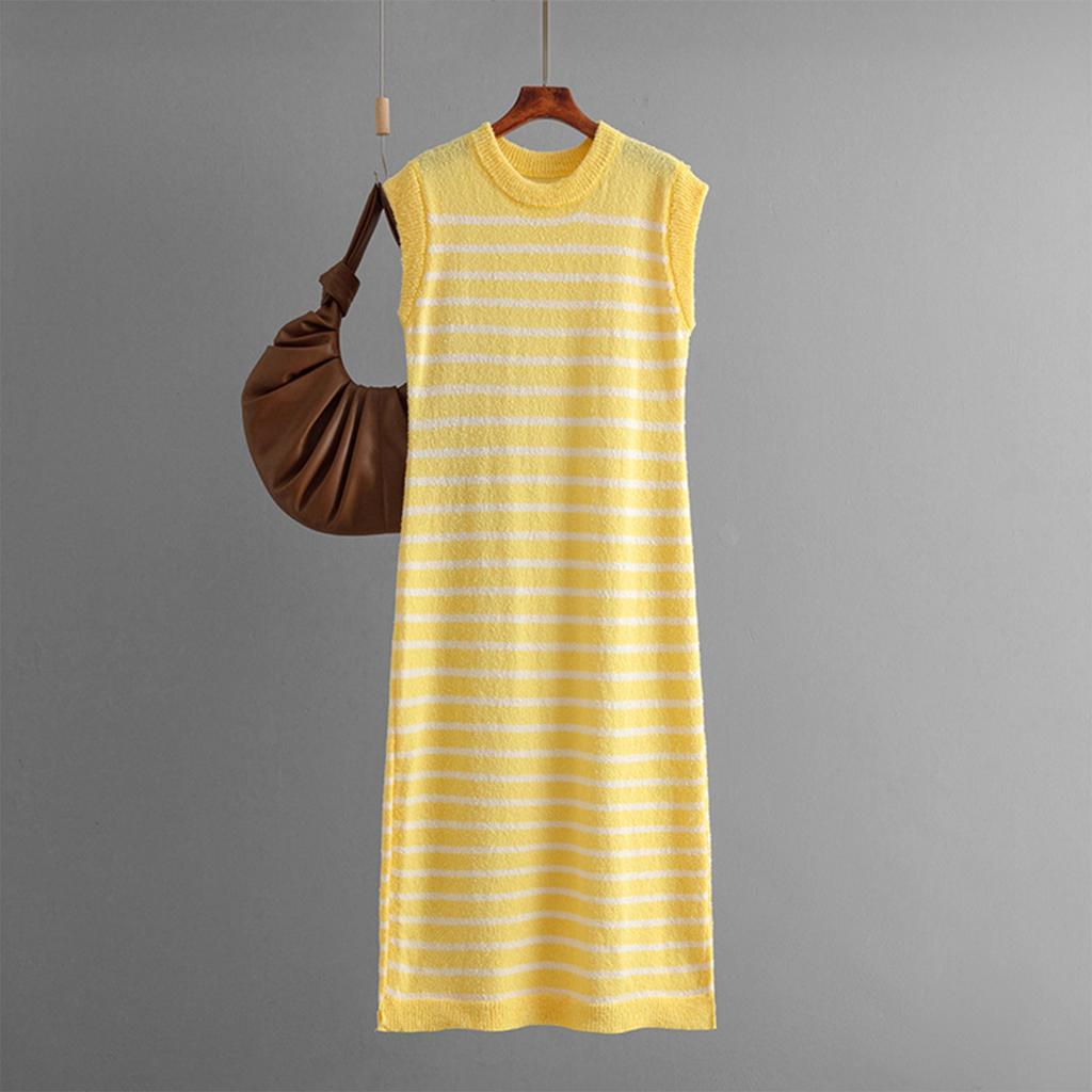 Women's Fashionable Round Neck Slim Knit Striped Vest Casual Long Dress