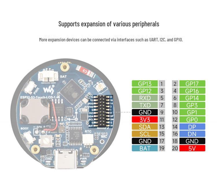 ESP32-S3 Round 1.46" Touchscreen Dev Board with AI, WiFi, Bluetooth, and Audio Playback