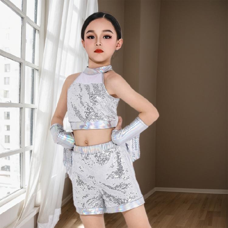 Girls Latin Dance Costume Kid Crop Top Shorts with Tassels Arm Sleeve Sequins Dance Outfit for Party