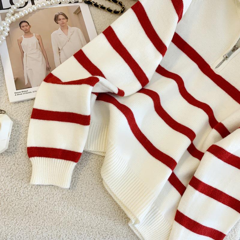 Vysoce kvalitní trendy pletený svetr na zip v korejském stylu pro ženy – Modrý pruhovaný, Jedna velikost