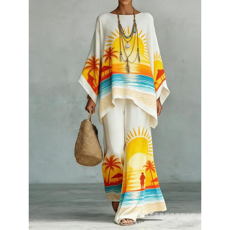 1116 European and American spring new printing temperament round neck versatile casual loose two-piece set