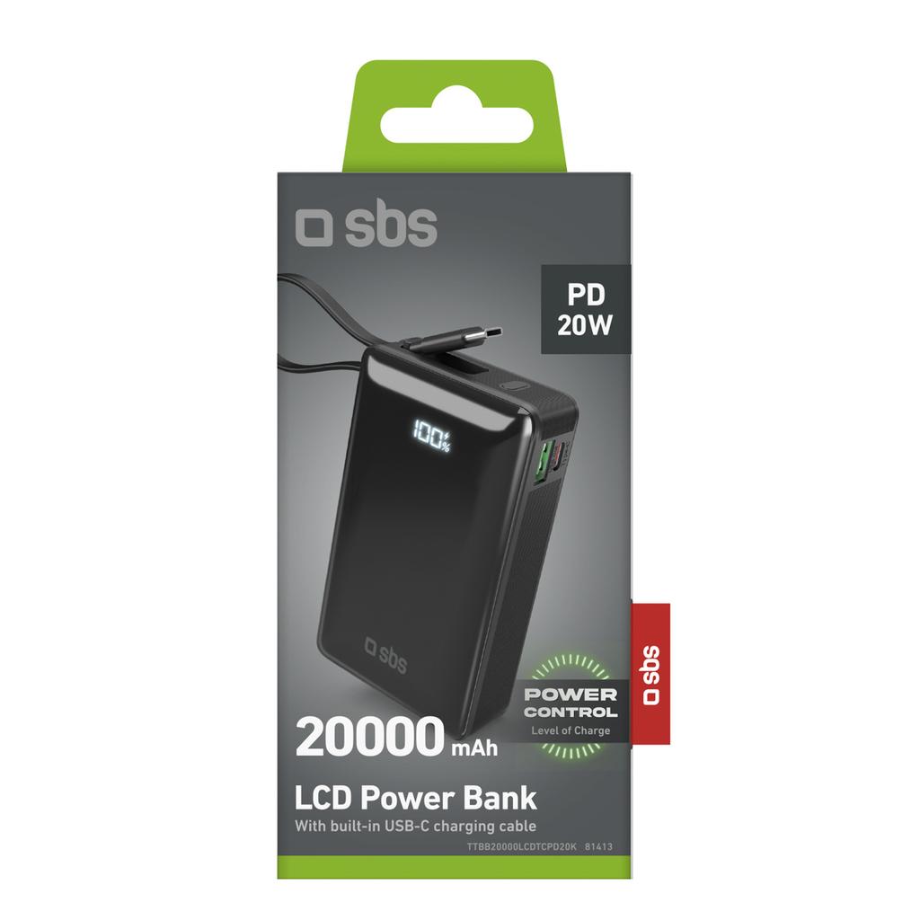 Powerbank 20000mAh USB-A USB-C z wyświetlaczem wbudowanym kablem USB-C 20W - czarny