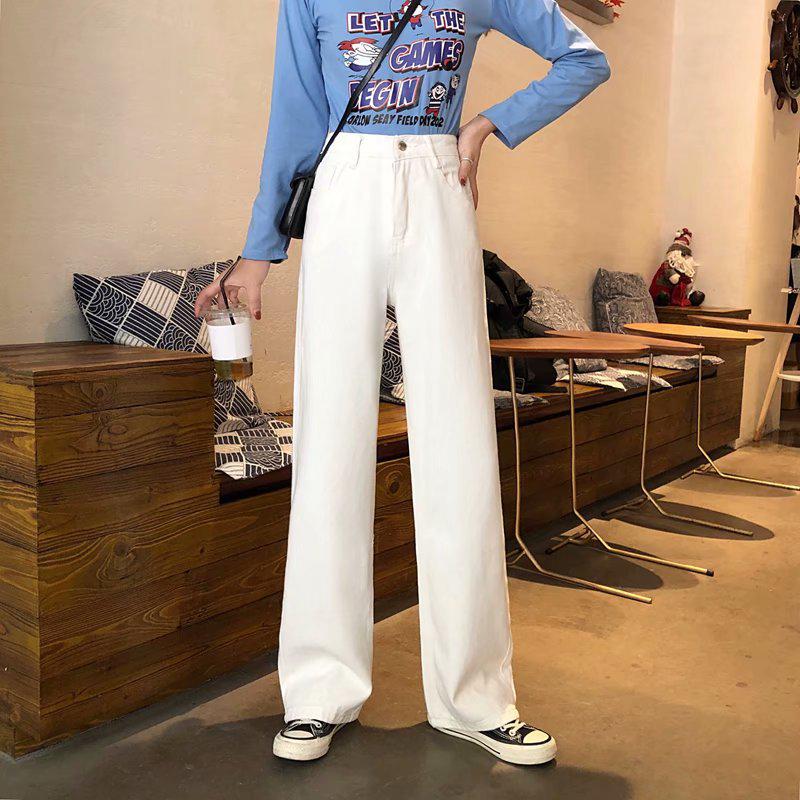 Women's High-Waist Wide-Leg Floor-Length Jeans, Retro Hong Kong Style for Autumn/Winter 2023.