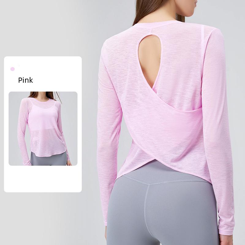 

Women s Quick Drying Backless Loose Yoga T-shirts Summer Round Collar Long Sleeve Fitness Breathable Sporty Yoga T-shirt Tops Female Sportswear XL рожевий