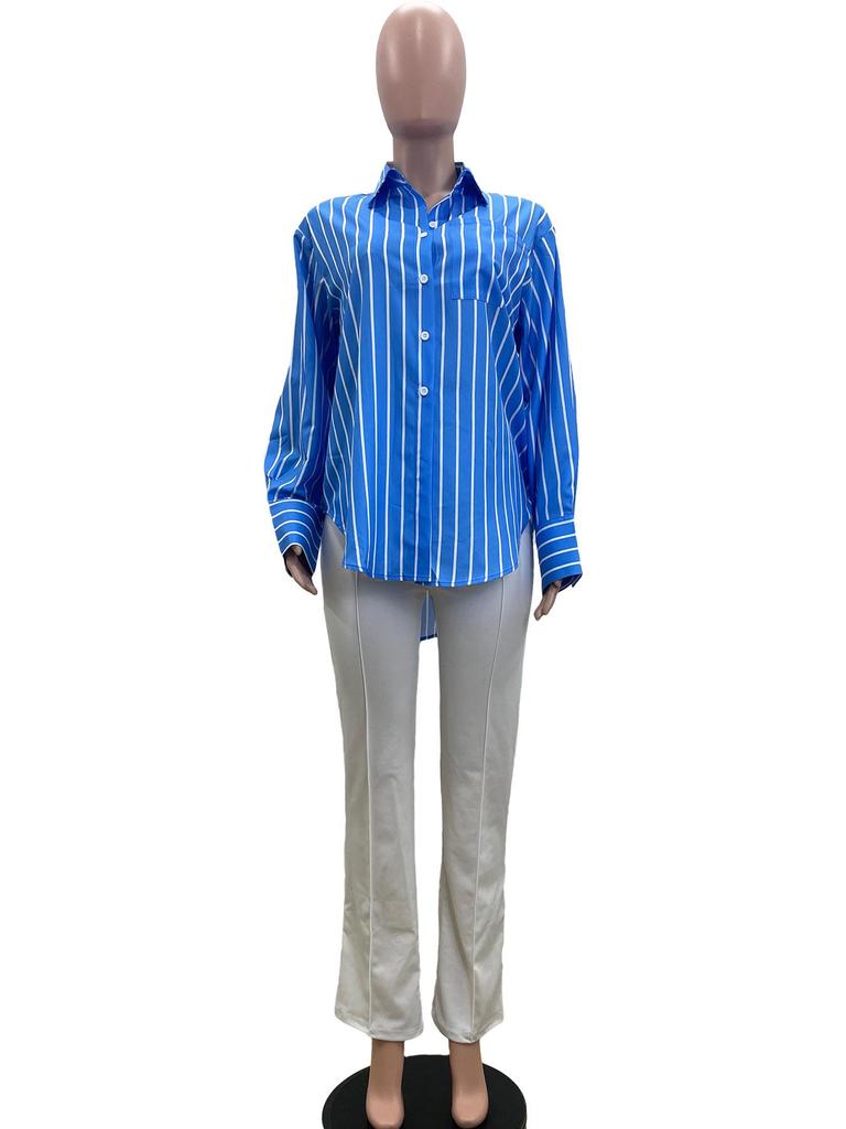 M6021: European & American Spring 2025 Casual Blue/White Striped Shirt - Loose, Fashionable, Versatile.