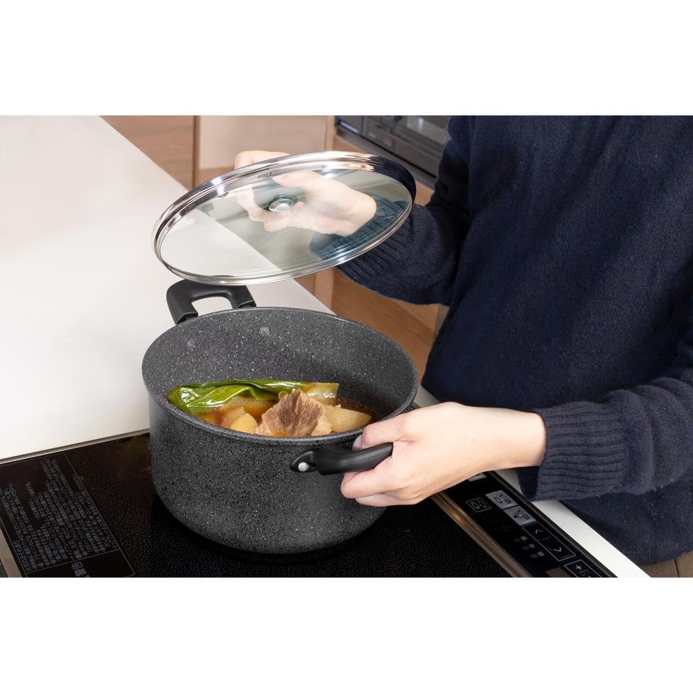 Bestco 22cm Double-Handled Pot, IH and Gas Stove Compatible, Dark Gray NM-364 Light Sense Marble