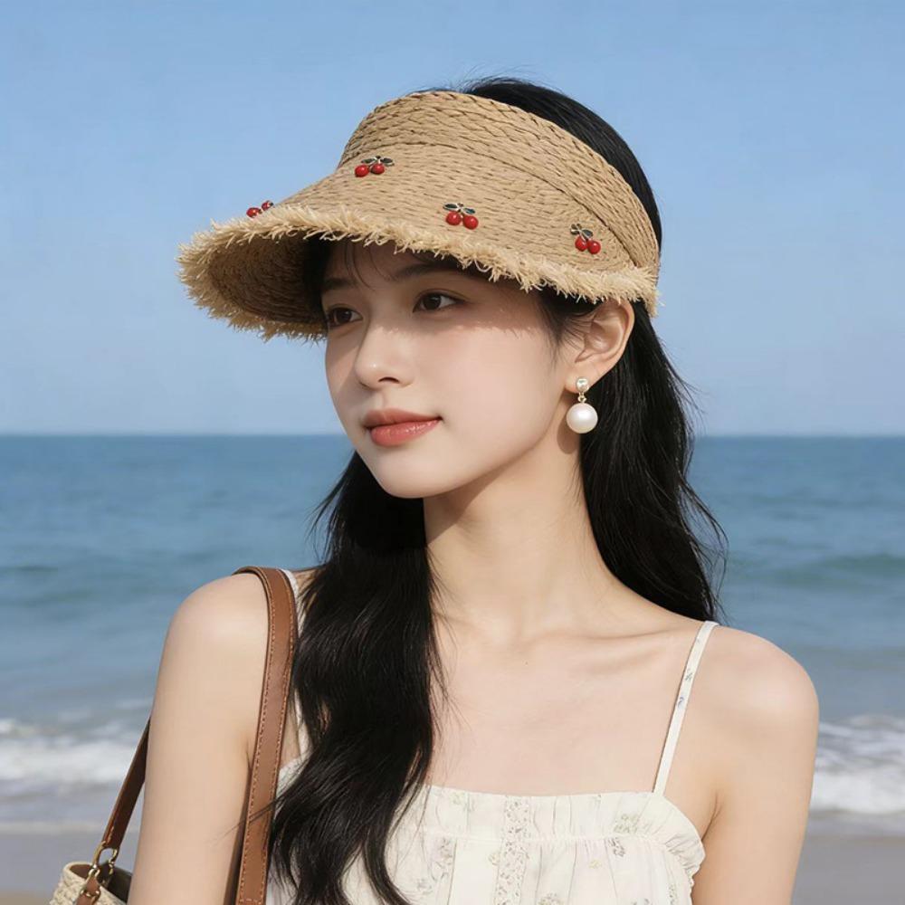 Dopamine Cherry Strawberry Sun Hat Beige Khaki Sunscreen Open-crown Straw Hat Breathable Headband-style Sunshade Cap Vacation