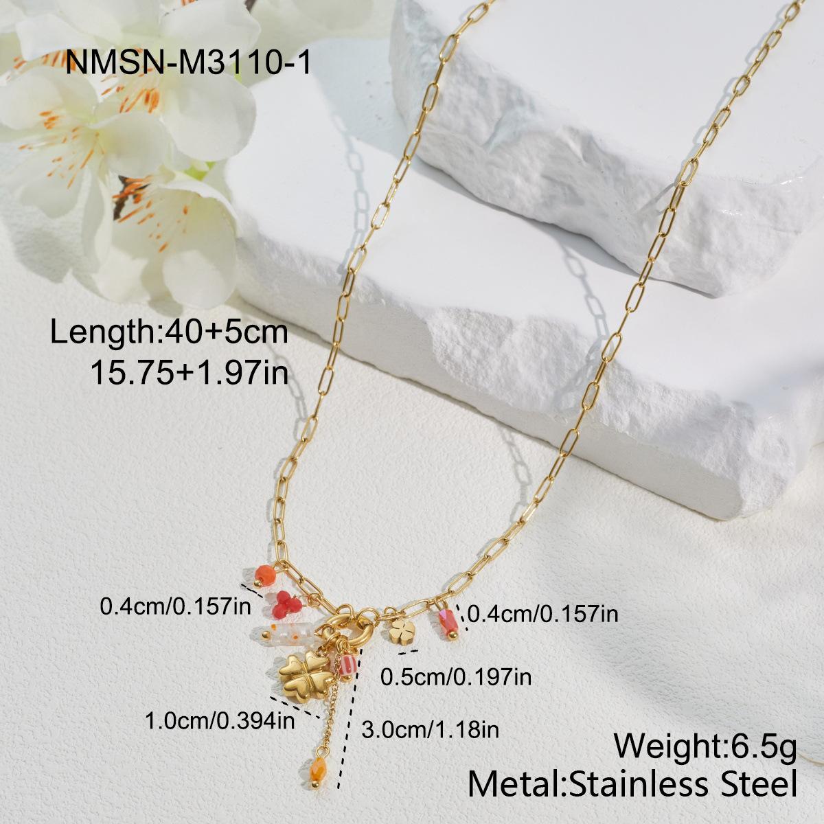 GEMCHIC Women s Stainless Steel Four-Leaf Clover Bead Jewelry Set Necklace Earrings Bracelet Fashion Vacation Style