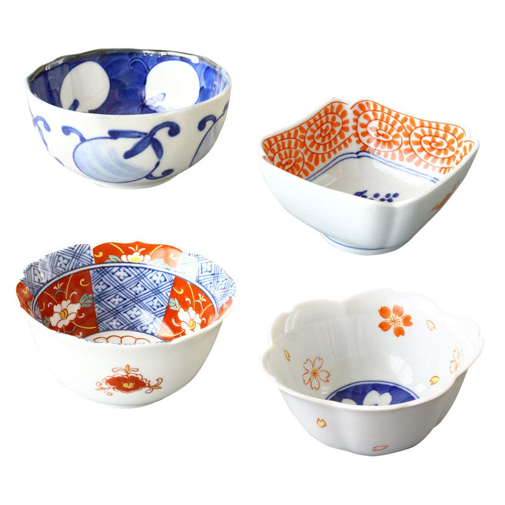 

Add a touch of color to your life: Hasami ware small bowls, set of 4 with assorted dyed and brocade patterns, 9.5cm diameter x 5cm height, 100ml capac