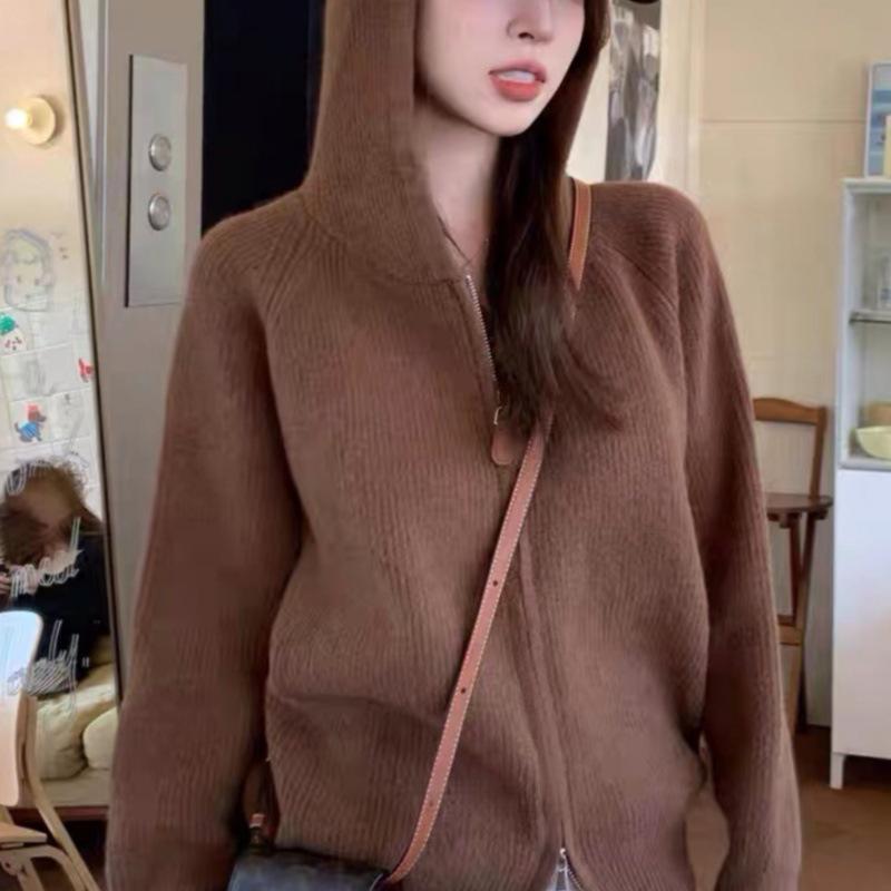 Women's Loose Fit Double Zipper Hooded Knit Cardigan - Cashmere Sweater for Autumn & Winter