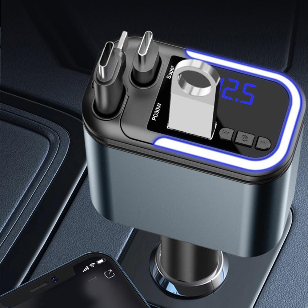 180W Bluetooth 5 IN 1 Retractable Car Charger USB C Car Fast Charging Adapter With Atmosphere Lights For IPhone Samsung/HuaWei