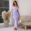 Sexy Off Shoulder Mesh See Through Long Sleeve Solid Bodycon Long Dress For Women