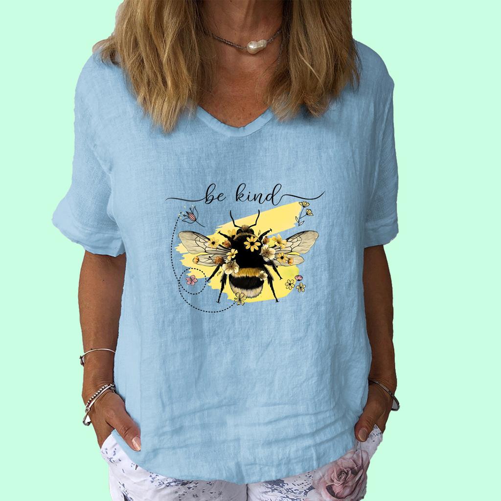 Women Fashion V Collar Short Sleeve Top Summer Casual Cotton Linen Shirt Ladies Print T-shirt
