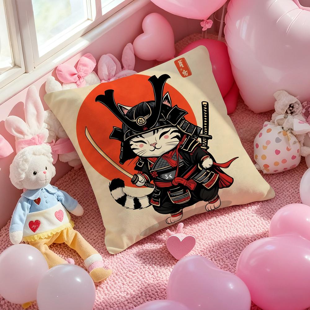 Japanese Style Samurai Cat Cushion Cover Pattern Printed Pillowcase for Living Room Sofa Cushion Cover & Bedroom Decor