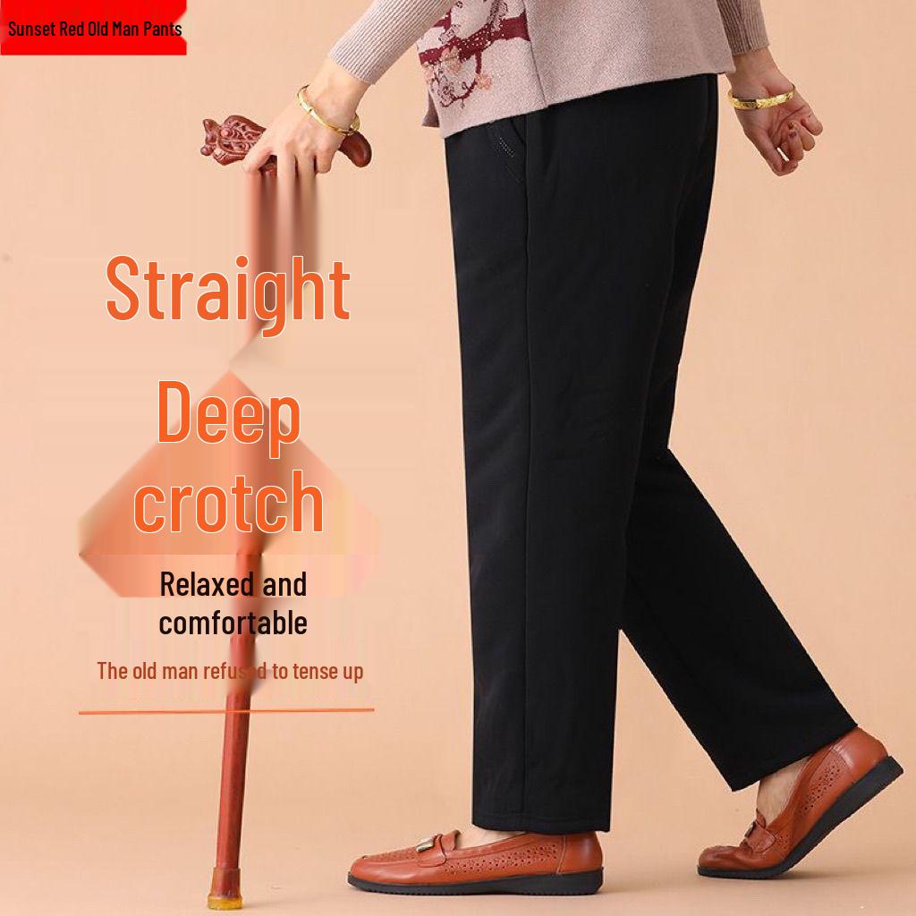 Mom's Fleece-Lined High Waist Warm Pants for Elderly – Loose Fit, Straight Leg Trousers for Spring & Autumn