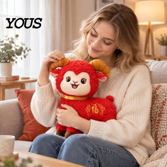 Chinese New Year Decor Lucky Sheep Plush Toy, Zodiac Mascot with Fu Doll Embroidery, Red Curly Fur for Company Party, Gift Adorable Animal Figurine