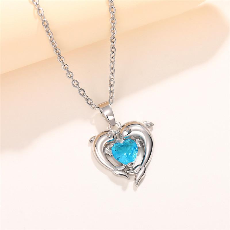 925 Sterling Silver Dolphin Blue Heart CZ Necklace Women Bride Wedding Clavicle Chain Necklaces Fancy Gift Statement JewelryGood product
