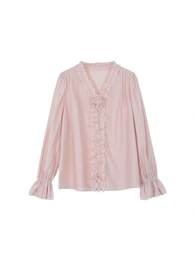 Camisa Feminina Ge Ming com Flores 3D e Manga Sino - Top Retro Francês de Primavera