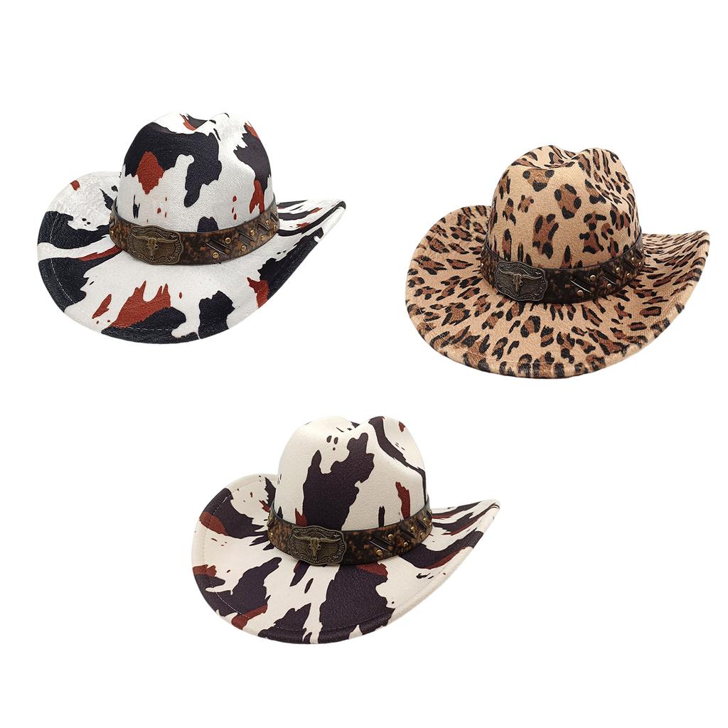 Comfortable Western Theme Top Hat with Bull Head Belt Cow Pattern for Women Men Outdoor Activity and Music Festival