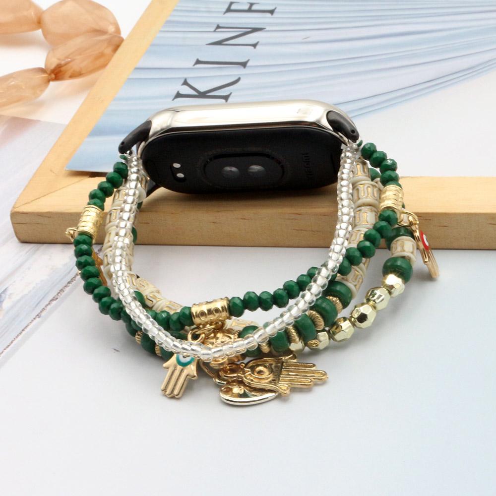 

Mi Band 8/9/10 Bands Strap Replacement Boho Dressy Bracelet for Xiaomi Smart band 10/ 9/ 8 Strap Luxury Jewelry Beaded Wristband зелений