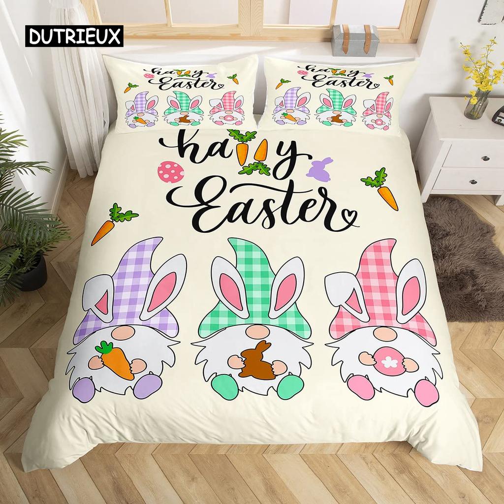 Rosa Kirschblüten Bettbezug Fröhliches Ostern Thema Hasenohren Ostereier Bettwäsche Set Polyester Schmetterling Blume Bettdeckenbezug