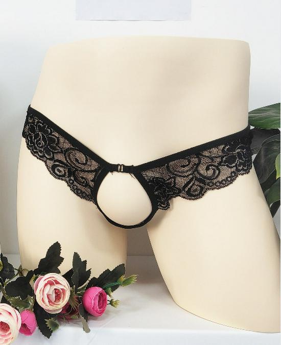 Unisex Lace Open Crotch Erotic Thong - See-through, Low-rise Underwear