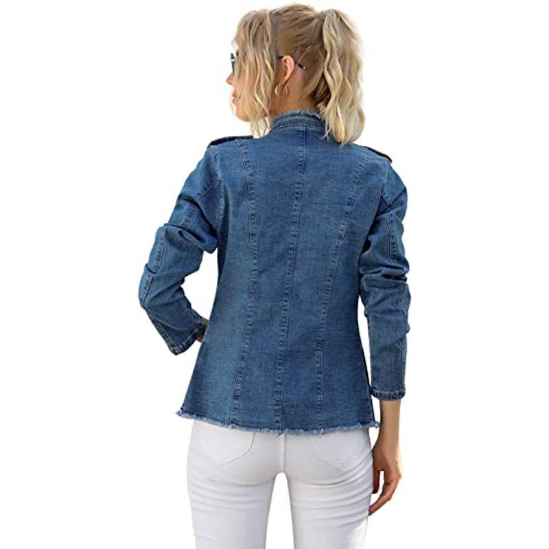 Giacca di jeans corta da donna a monopetto con colletto alla coreana per la primavera