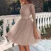 Glitter Starry Tulle Prom Dress For Women Long Sleeve Crew Neck Formal
