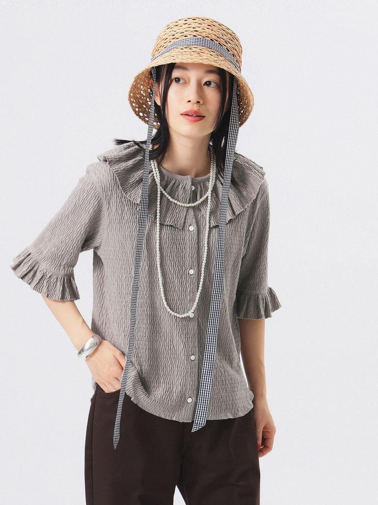 Beams Boy Tee Jacquard Ruffle Gathered Short Sleeve FREE S/S Women's LT.GREY