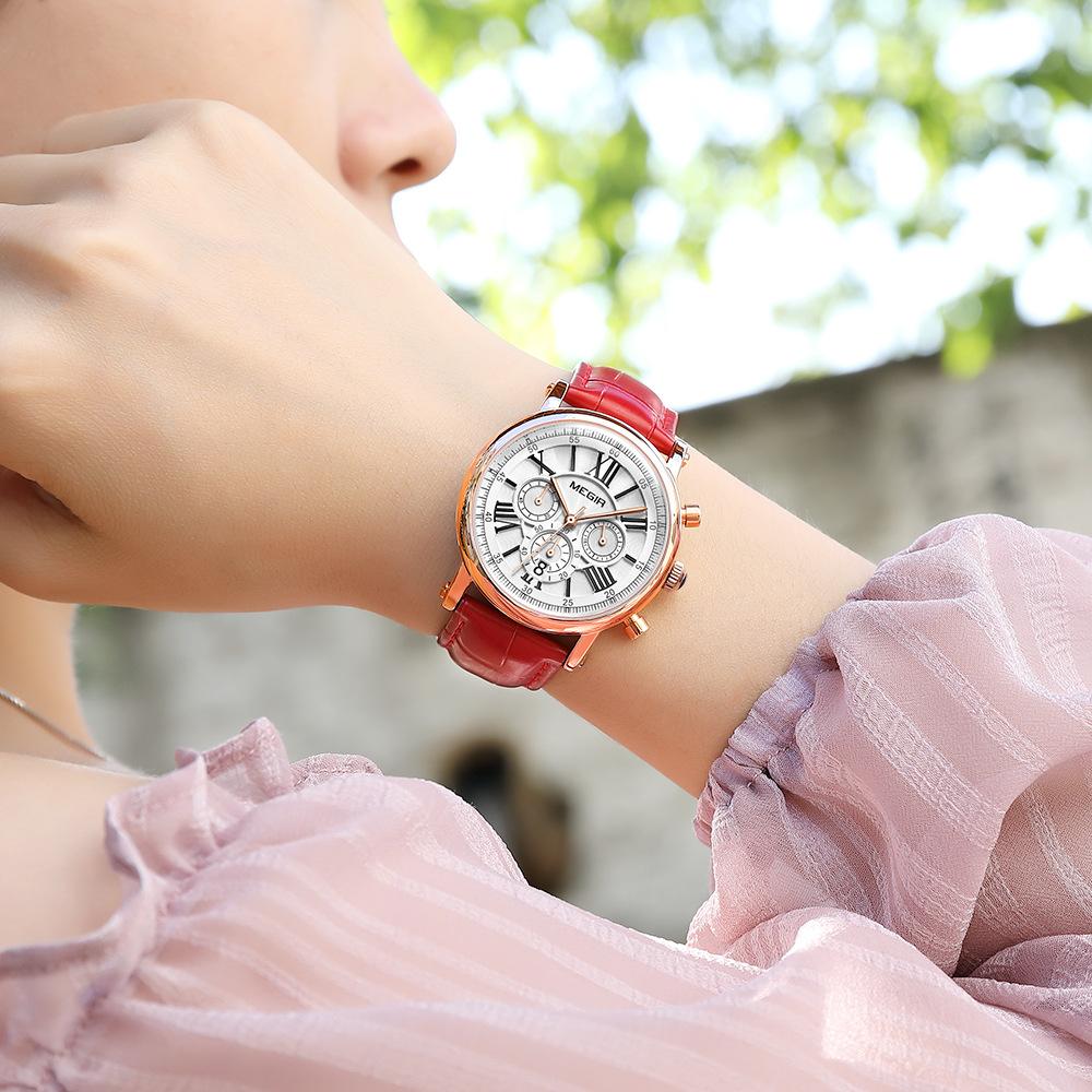 

MEGIR модные популярные римские часы с весами женские кожаные многофункциональные три глаза водонепроницаемые кварцевые часы с календарем