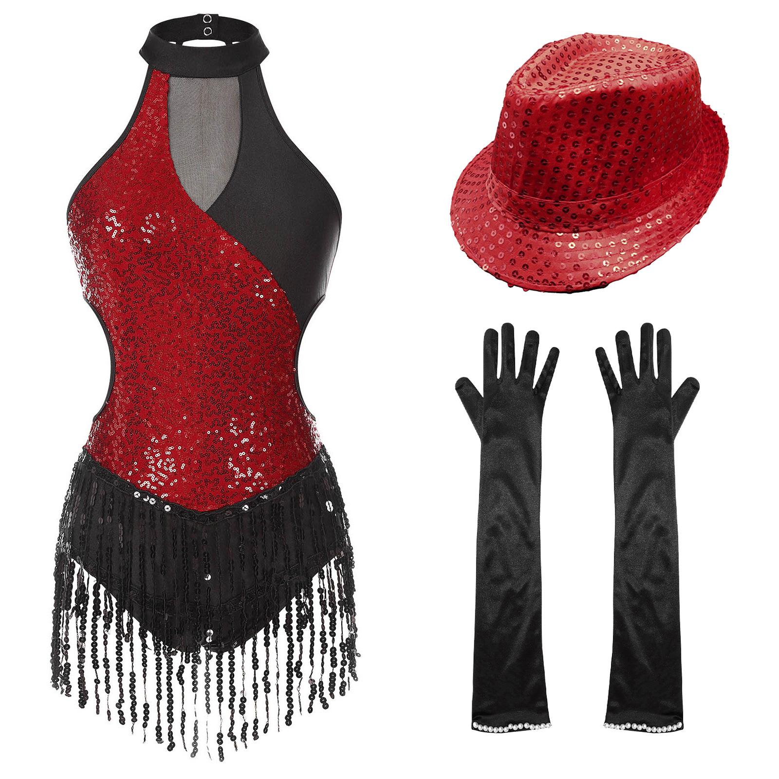 

Womens Latin Dance Costume Shiny Sequin Color Block Sleeveless Fringed Leotard Gloves Hat S бордовий