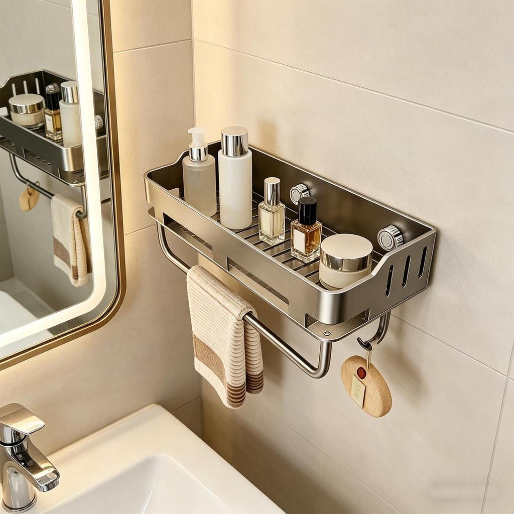 Shower Suction Shelf Wall Basket With Drainage Holes Shower Basket Suction Cup With Hooks And Towel Bar For Home Kitchen Pantry