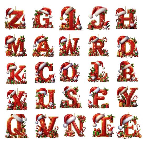 Red Initials Christmas Ornaments 2D Acrylic Personalized Gnomes Monogram Pendant with Santa Hat 26 Letters Christmas Tree Hanging Decoration for Xmas
