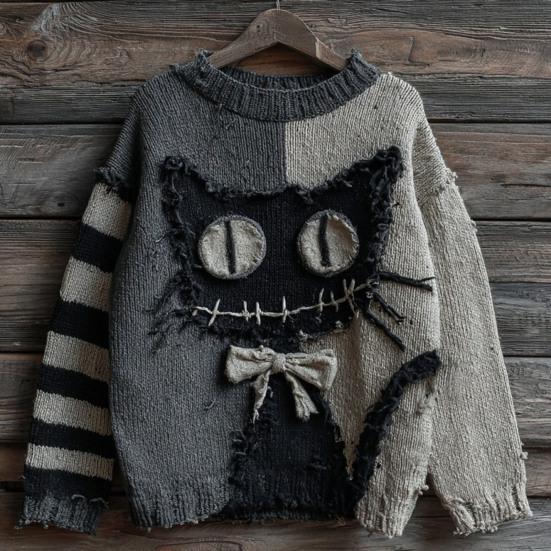 Halloween Skummel Ansikt Genser for Kvinner Patchwork Trykk Strikket Genser Topp Langermet Rund hals Sydd Høstantrekk