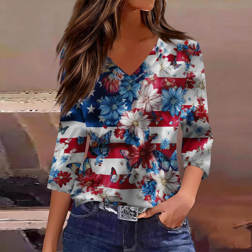 Women’s V Neck Three Quarter Sleeve Casual Top with Printed Star and Stripe Pattern and Floral Graphic Loose Fit Lightweight Shirt